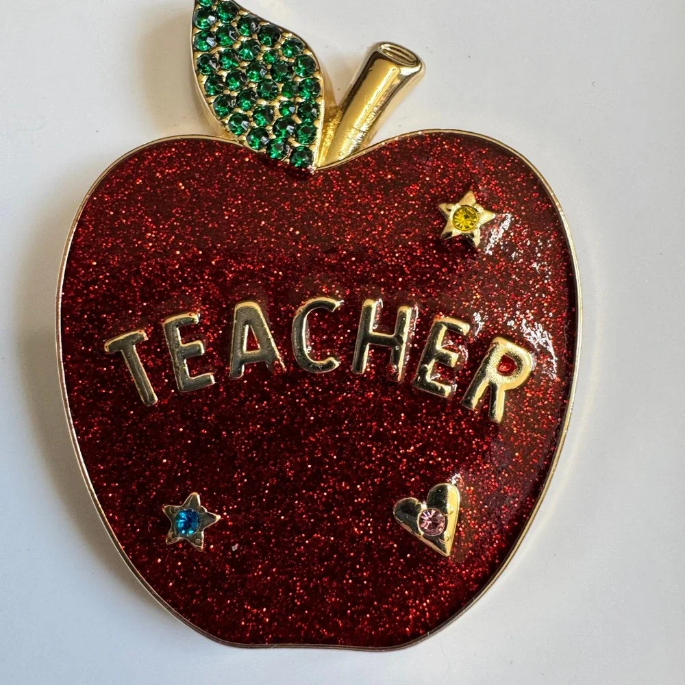 BaubleBar Teachers Pet Red Glitter Apple Brooch Pin Gold Tone Teacher Gift Boxed